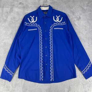 El Pionero Western Shirt Mens M Blue Cotton Horseshoe Ranch Cowboy Pearl Snap